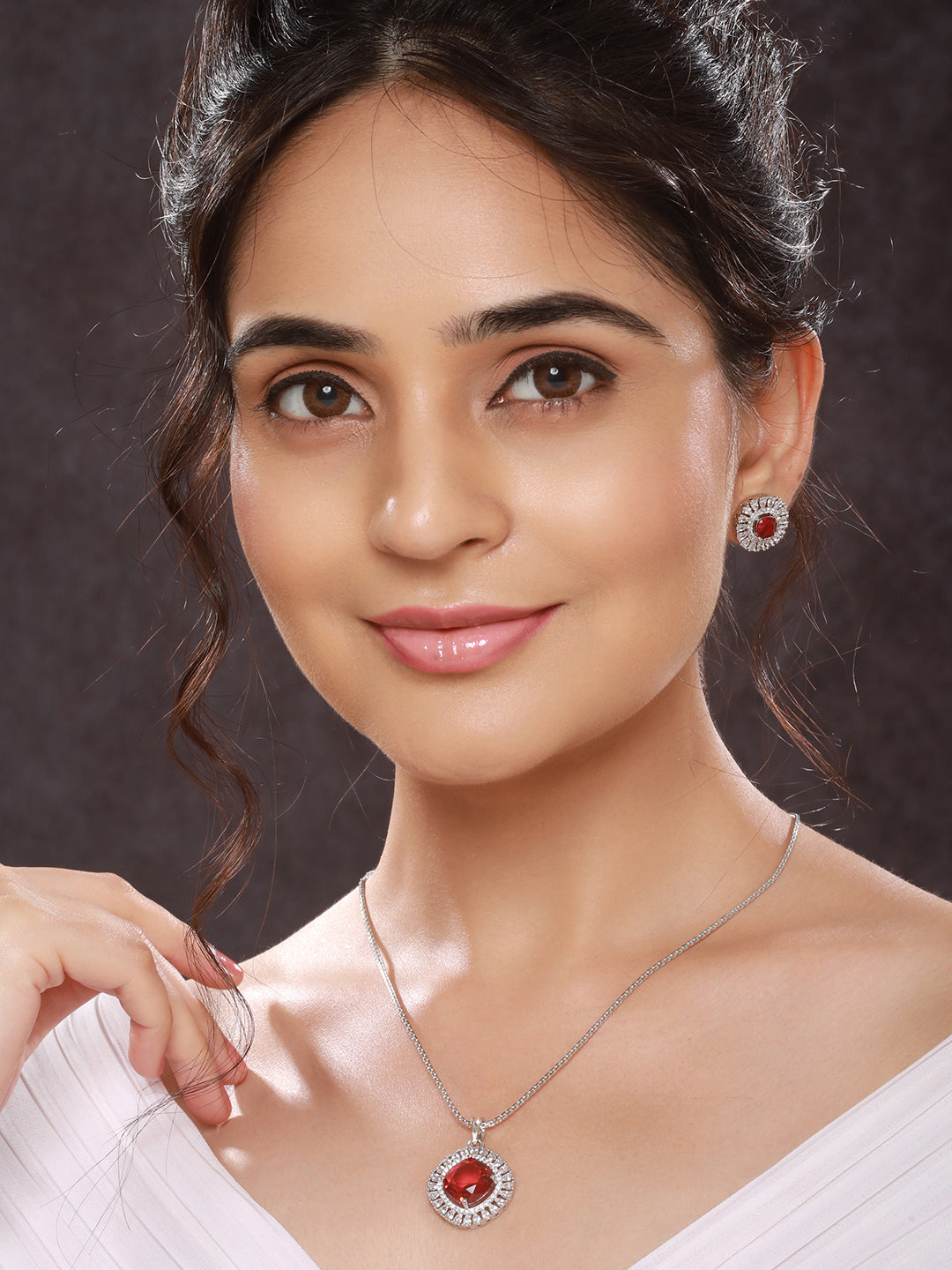 Silver Toned Ruby Red AD Studded Square Minimal Locket Jewellery Set